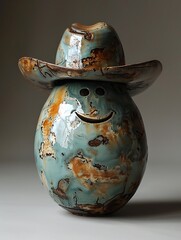 Ceramic sculpture of a smiling face wearing a cowboy hat.