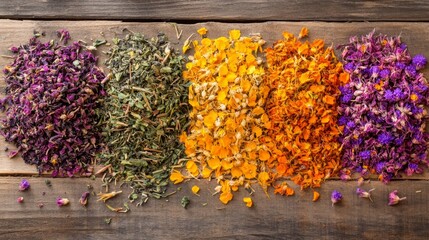 Obraz premium Assortment of dry herbal and berry tea on a wooden background. Tea party concept. medicinal herbs. Healing herbs.Alternative medicine.Linden, calendula, cornflowers, marigold, tansy, tea rose