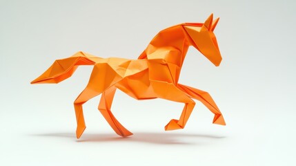 A beautifully folded orange origami horse stands out with its intricate details, showcasing craftsmanship and artistic design