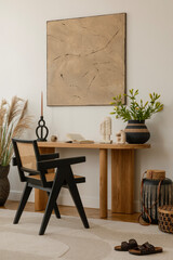 Elegant minimalist workspace with natural wood console and black chair, perfect for a calm and focused work environment. Mock up paitnings.