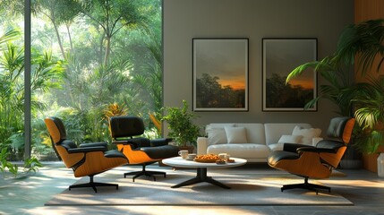 Fototapeta premium Modern living space with chairs, coffee table, and greenery.
