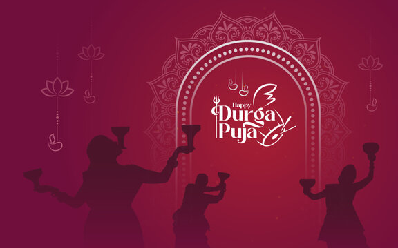 Happy Durga Puja Festival Background Design with Goddess Durga Silhouette Illustration