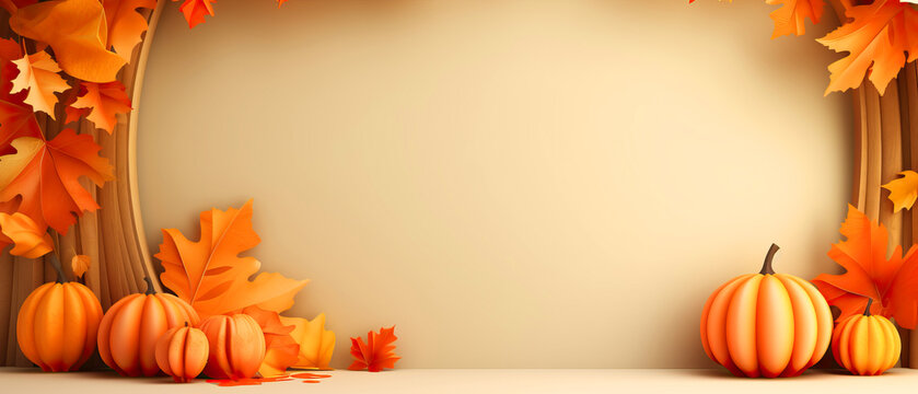 Welcome Fall cute advertising 3d banner with free space for text, autumn background with 3d pumpkins and orange leaves