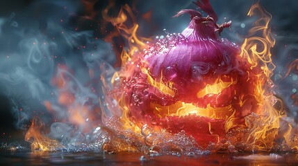 Obraz premium A fiery red onion with a carved jack-o'-lantern face sits on a dark background with flames and smoke swirling around it.