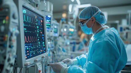 An emergency room control panel is used by a medical practitioner to monitor patient vital signs in an intensive care unit.