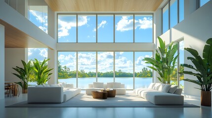 Luxurious open-plan living room, floor-to-ceiling windows, panoramic lake view, bright natural light, modern white furniture, high vaulted ceiling, wooden accents.