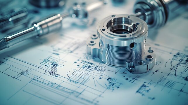 Mechanical engineering blueprint, precision metal parts, cylindrical components, technical drawings, machined steel elements, industrial design, bright studio lighting.