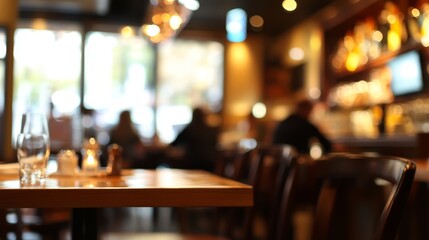 A cozy restaurant interior with blurred patrons and a wooden table, creating a warm dining atmosphere.