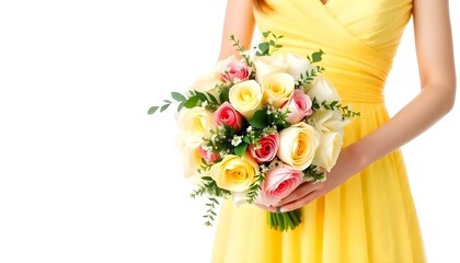 Yellow bridesmaid bouquet held by bridesmaid in a yellow dress isolated on a white background