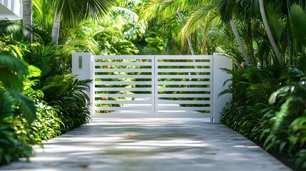 Modern white metal gate, horizontal slats, contemporary design, lush green garden, tropical plants, palm trees, concrete path, white walls, bright daylight.