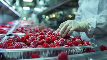 A worker in a white lab coat and gloves inspects trays of frozen raspberries in a food processing facility.