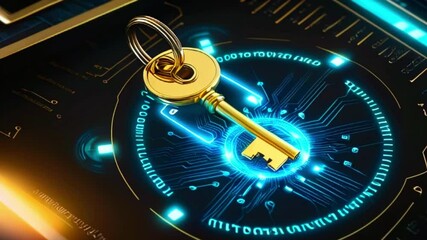 Golden key on a glowing digital circuit board. - Powered by Adobe