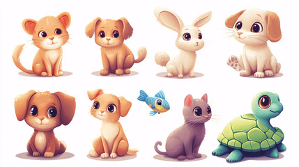 Fototapeta premium Adorable Cartoon Pet Animals Including Dog, Cat, Rabbit, and More
