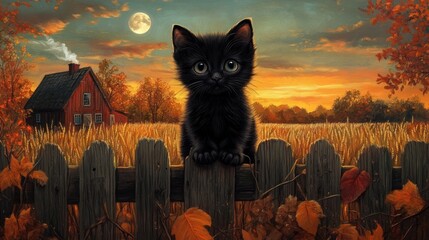 Black Kitten on a Fence in the Golden Hour