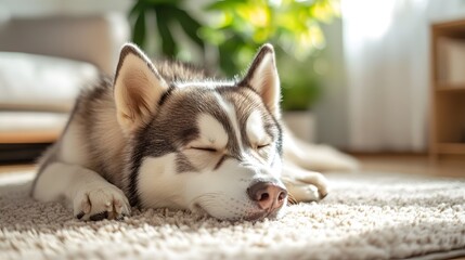 Fototapeta premium Sleepy Siberian Husky, lying on beige carpet, cozy living room setting, soft natural light, modern interior, houseplants in background, white sofa, hardwood floors.