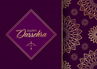 Golden text Happy Dussehra, arrow and bow on purple background with golden frame and seamless pattern with floral mandala elements. Elegant festive design for greeting card or poster for Dussehra.