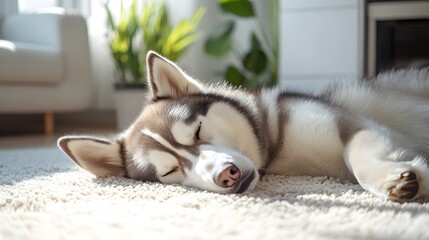 Fototapeta premium Sleepy Siberian Husky, lying on beige carpet, cozy living room setting, soft natural light, modern interior, houseplants in background, white sofa, hardwood floors.
