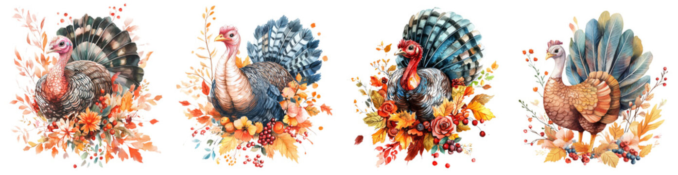 Isolated Thanksgiving turkey clipart illustration in watercolor.