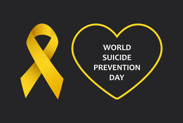 World Suicide Prevention Day, vector Illustration for banner or poster. Text World Suicide Prevention Day and yellow ribbon on black background.