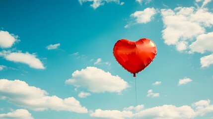 Fototapeta premium Vibrant red heart-shaped balloon, clear blue sky, fluffy white clouds, bright sunny day, floating balloon, symbol of love, freedom concept, minimalist composition, uplifting mood.