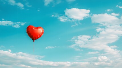 Fototapeta premium Vibrant red heart-shaped balloon, clear blue sky, fluffy white clouds, bright sunny day, floating balloon, symbol of love, freedom concept, minimalist composition, uplifting mood.