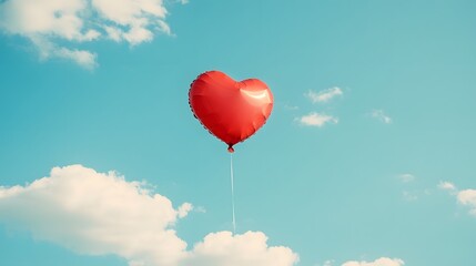 Fototapeta premium Vibrant red heart-shaped balloon, clear blue sky, fluffy white clouds, bright sunny day, floating balloon, symbol of love, freedom concept, minimalist composition, uplifting mood.