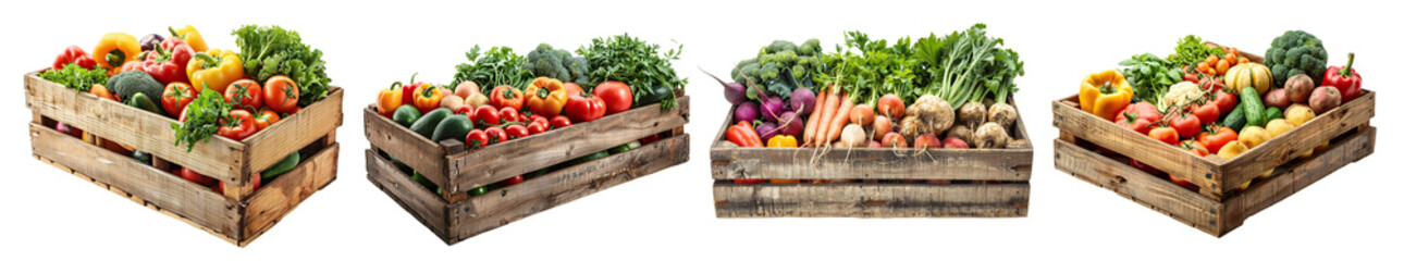 Set of freshly harvested vegetables in wooden crates, cut out