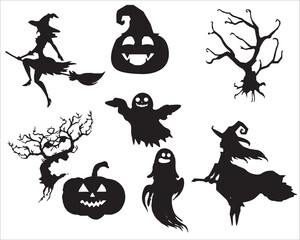 costume vector Halloween silhouette,Broomstick, tree,Broom ,pumpkin,