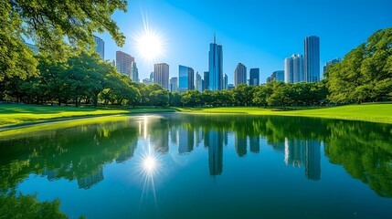 Naklejka premium Vibrant urban park, gleaming skyscrapers, crystal clear lake reflection, lush green trees, bright blue sky, modern cityscape, sunlit landscape, urban oasis, glass and steel architecture.