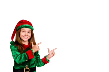 Portrait of cheerful elfwith green hat cap showing ads with her index finger recommend event eve wearing costume isolated over red background
