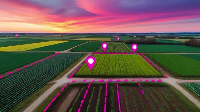 Aerial view of a farm with pink location markers highlighting different sections of the field.