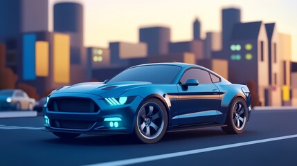 A sleek blue sports car parked in a vibrant urban setting during sunset, showcasing modern design and urban ambiance.