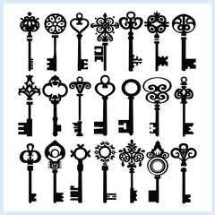 Door key silhouette set, Key icons set, keys doodles vector illustration