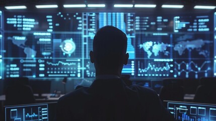 Banker managing financial risks using advanced AI analytics and real-time data dashboards