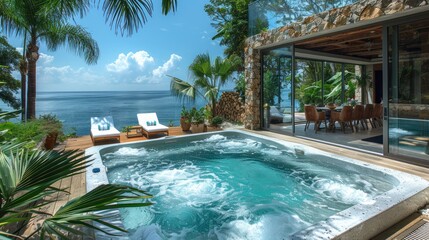 Fototapeta premium A serene hot tub overlooking tropical waters on a sunny day, surrounded by lush greenery and modern architecture. Generative AI