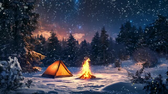 camping in the mountains with stunning night at winter