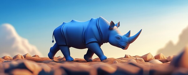 A vibrant blue rhinoceros walking through a rocky landscape under a bright sky, showcasing unique artistic design and creativity.