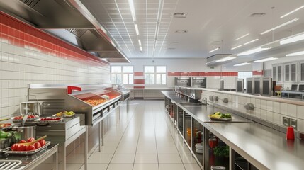 Obraz premium A large commercial kitchen with stainless steel appliances and a lot of food