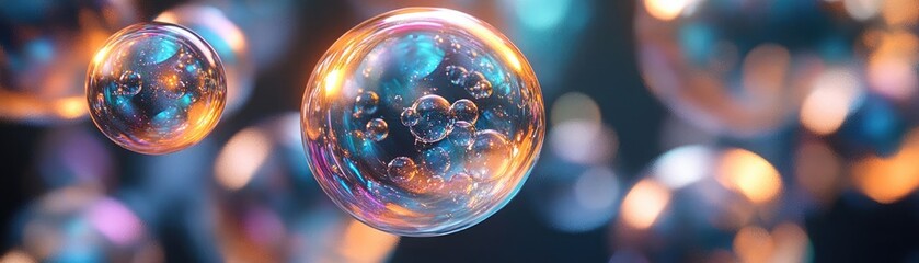 Cluster of translucent bubbles, each with unique textures and reflections, floating in space, 3D abstract