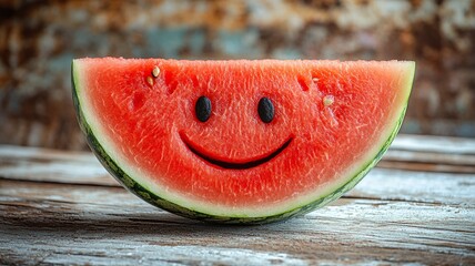 Fresh watermelon slice with smiley face on wooden surface