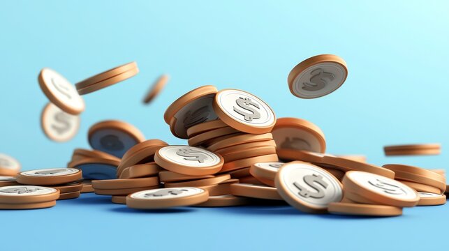 A vibrant scene featuring scattered coins with dollar signs, symbolizing wealth and investment opportunities in a playful manner.