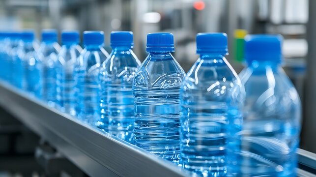 Water bottling production line, transparent plastic bottles, bright blue bottle caps, industrial manufacturing, conveyor belt, clean factory environment, rows of water bottles.
