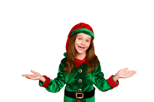 Portrait of lovely elf child holding her hands smiling offering ads wearing green costume hat  cap isolated over red background - Powered by Adobe