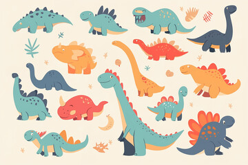 Vector flat cartoon cute dinosaur set, children's book illustration