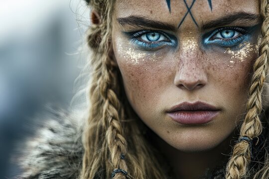 Blonde viking woman wearing fur posing outside
