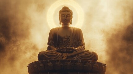 Fototapeta premium Majestic Buddha Statue Illuminated by a Glowing Halo