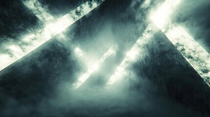 Dynamic light beams, crossing through a foggy space, creating intersecting patterns, 3D abstract
