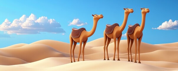 Three camels standing elegantly on a sandy dune under a bright blue sky adorned with fluffy clouds.