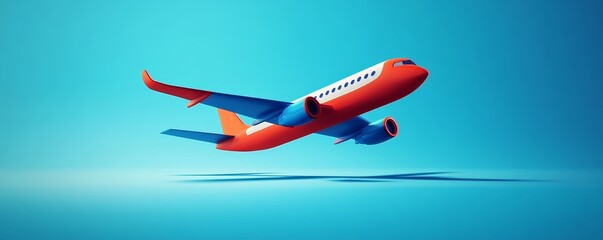 Vibrant airplane flying against a blue background, symbolizing travel, adventure, and modern aviation.