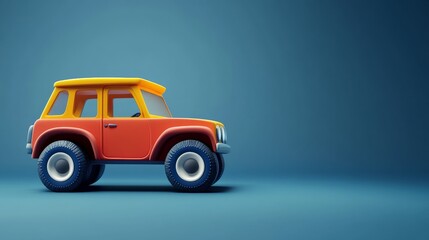 Vibrant toy car with a yellow roof, perfect for children's play and imaginative adventures, set against a minimalist background.